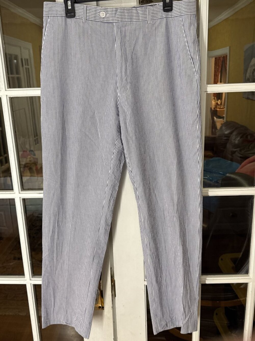 Alan Flusser Mens Pants 34x31  Seersucker Blue & White Striped Very Nice Derby